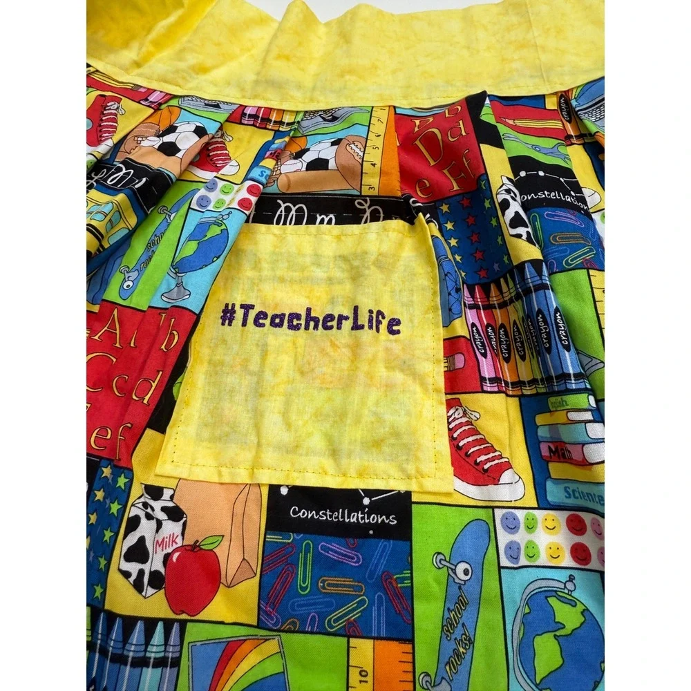 Handmade School Supply Print Half Apron Yellow Pockets Pleated